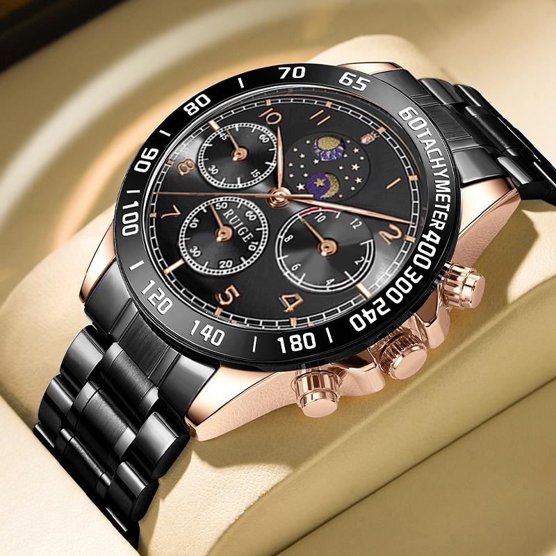 RUIGE large dial stainless steel men's watch multifunctional moon phase men's luminous waterproof fashion watch