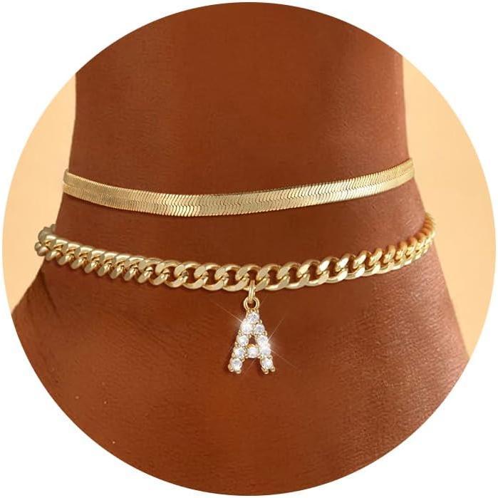 NECOCY Ankle Bracelets for Women Initial Waterproof Layered Snake Cuban Link Anklet Bracelet Set Stackable Layering Summer Foot Jewelry Gifts for Women