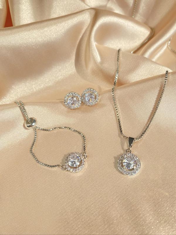 4pcs set Women's Elegant Rhinestone Decorated Pendant Necklace & Stud Earrings & Bracelet, Exquisite Trendy Jewelry, Fashion Jewelry Set for Party Decoration As Gift for Women Without Box
