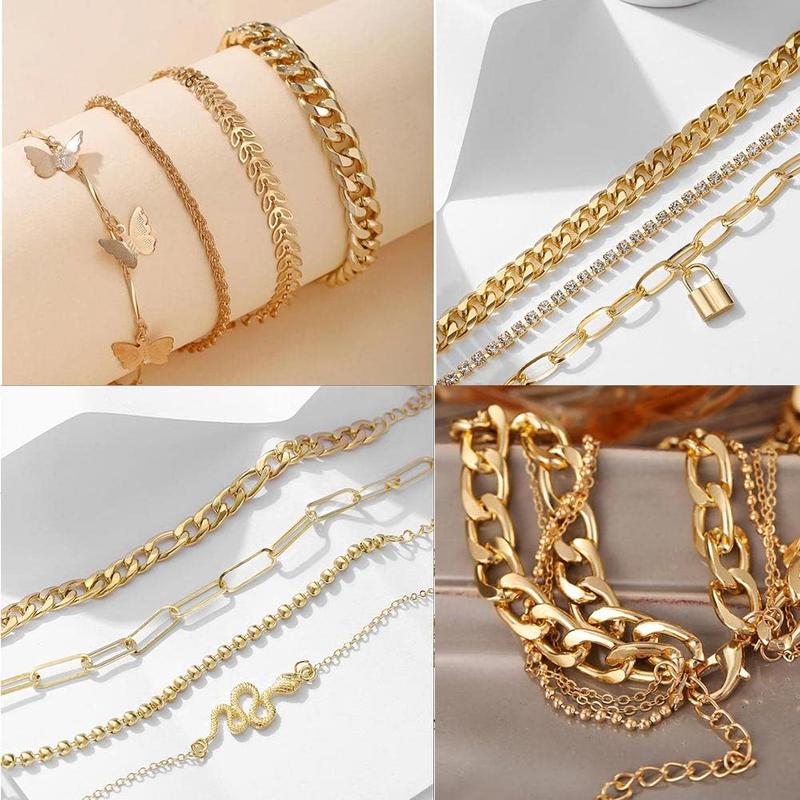 46 Pcs  Jewelry Set with 11Pcs Necklace, 11 Pcs anklet and 18 Pcs Earring Ear Cuff,6Hoop Earrings for Women Fashion Indie Costume Jewerly Pack for Friendship Party Gift