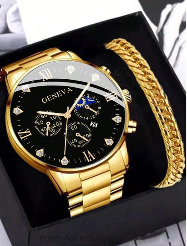 Men Gold Stainless Steel Strap Glamorous Date Rhinestone Decor Round Dial Quartz Watch & 1pc Bracelet, For Daily Life