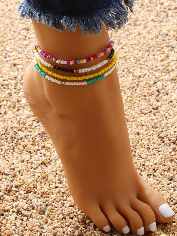 4pcs Boho Style Colorblock Beaded Anklet, Fashionable Foot Jewelry For Women, Daily Clothing Decor For Girl