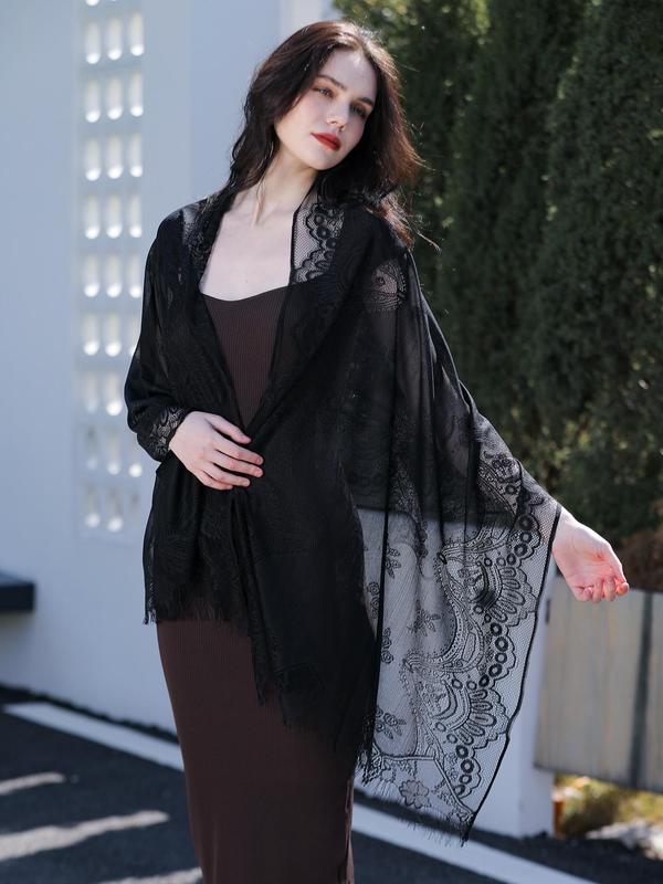 Minimalist Temperament Solid Color Floral Pattern Design Lace Scarf, Elegant Long Shawl for Women & Girls, Trendy All-match & Exquisite Scarf for Birthday Gift