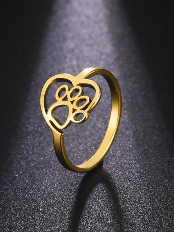 Women's Cute Hollow out Heart & Paw Design Ring, Trendy Minimalist Vintage Ring, Chic Retro Jewelry As Gift for Girlfriend
