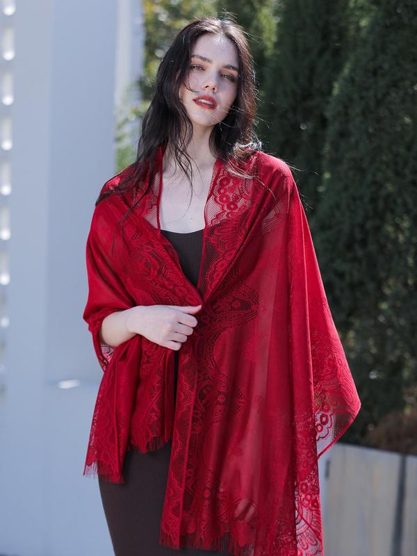 Minimalist Temperament Solid Color Floral Pattern Design Lace Scarf, Elegant Long Shawl for Women & Girls, Trendy All-match & Exquisite Scarf for Birthday Gift
