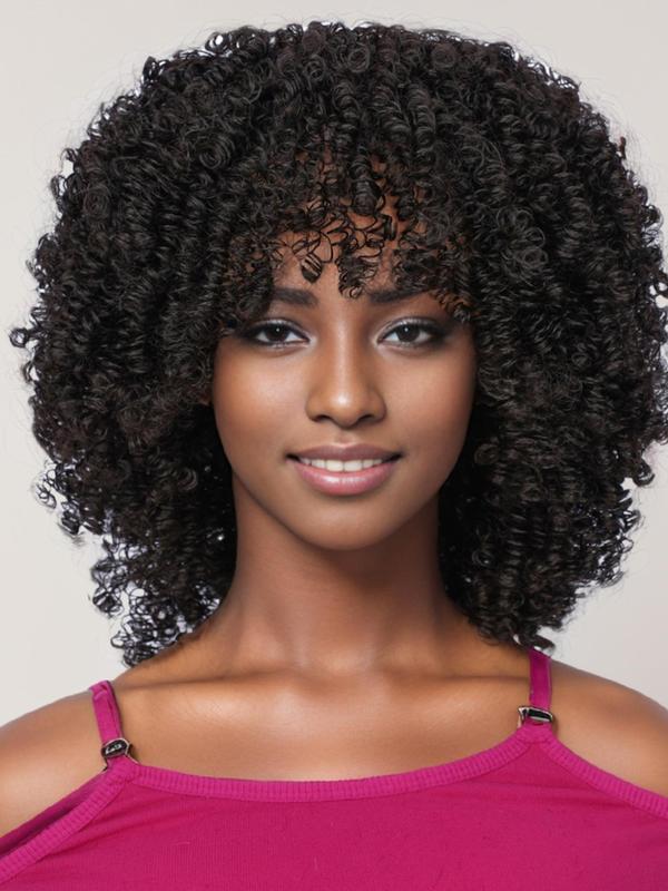 12 Inch Short Afro Kinky Curly Wigs with Khaki Highlight, Gorgeous Fluffy Wigs without Bangs, Synthetic Wigs for Party, Daily Use
