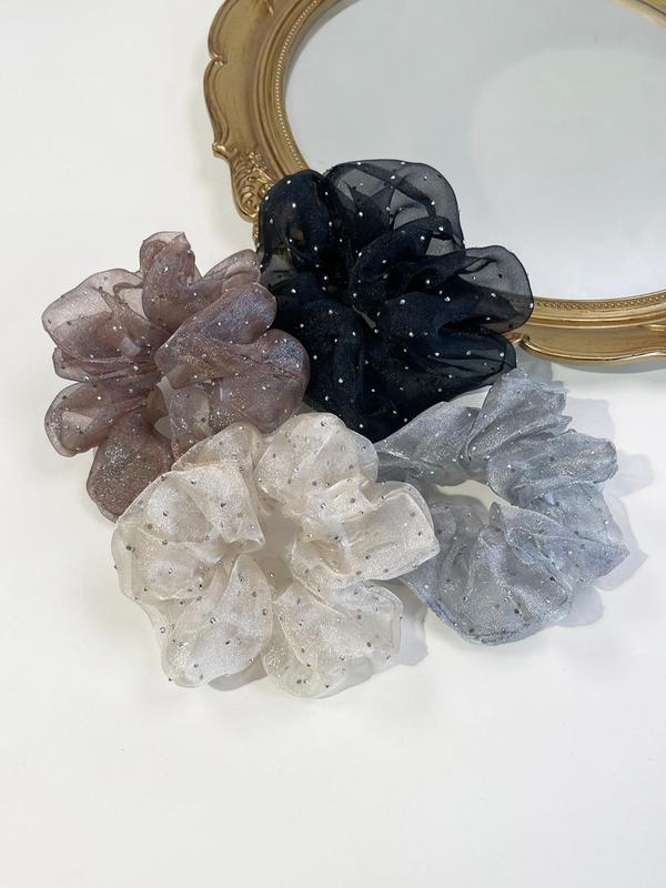 4pcs Fashion Rhinestone Decorated Tulle Scrunchie, Elegant Hair Accessories For Women & Girls, Casual All-match Ponytail Holder