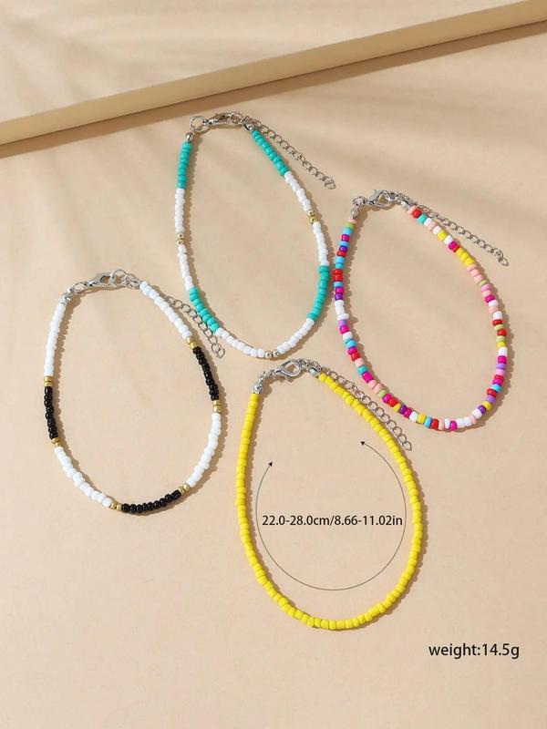 4pcs Boho Style Colorblock Beaded Anklet, Fashionable Foot Jewelry For Women, Daily Clothing Decor For Girl