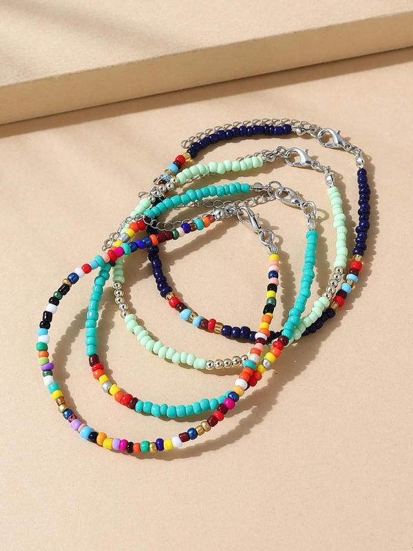 4pcs Boho Style Colorblock Beaded Anklet, Fashionable Foot Jewelry For Women, Daily Clothing Decor For Girl
