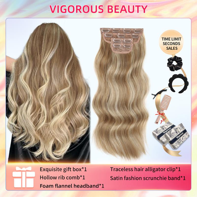 Vigorous 4PCS Clip in Hair Extensions Long Wavy Synthetic Hairpieces,Natural & Soft Hair & Blends Well Hair Extensions,Easy to Wear for Women Girls Daily Use