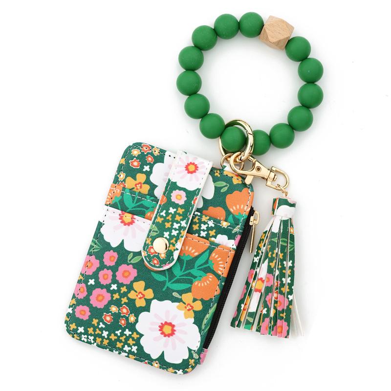 Women's Boho Style Beaded & Tassel Decorated Keychain with Flower Pattern Wallet Boho Wristlet Keychain Wallet Silicone Beaded Tassel Keychain Wallets