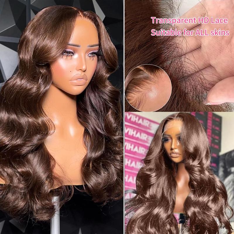 30 Inch Chocolate Brown 13x6 Body Wave Lace Front Wigs Human Hair Body HD Transparent Lace Front Wigs Pre Plucked with Baby Hair 180% Density Brazilian Virgin Hair