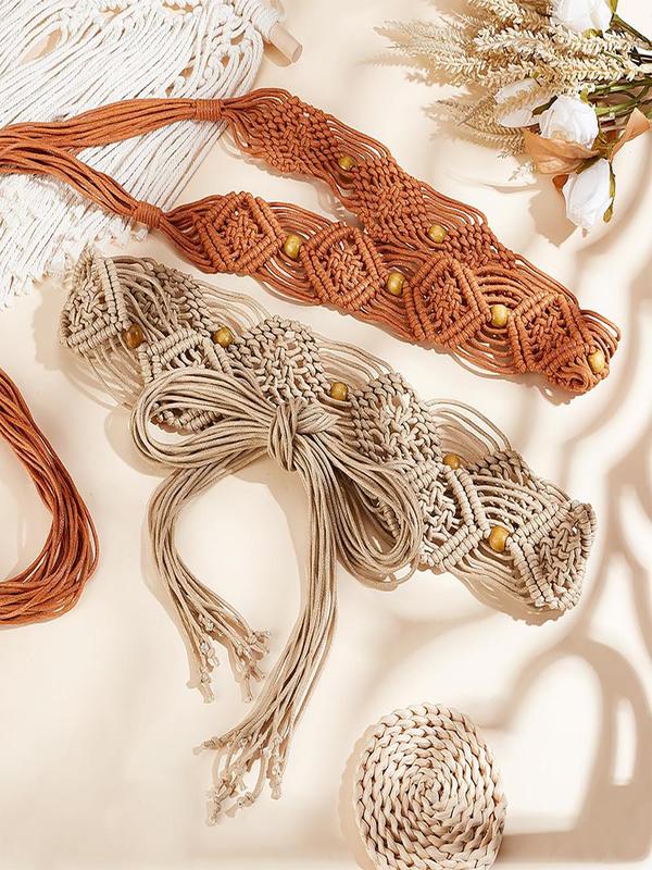 Boho Style Beaded Decor Wax Rope Braid Design Belt, Vintage Style Tie Up Waist Belt for Women, Fashion Belt for Party, Daily Clothing Decor, Trendy All-match & Exquisite Belt for Birthday Gift