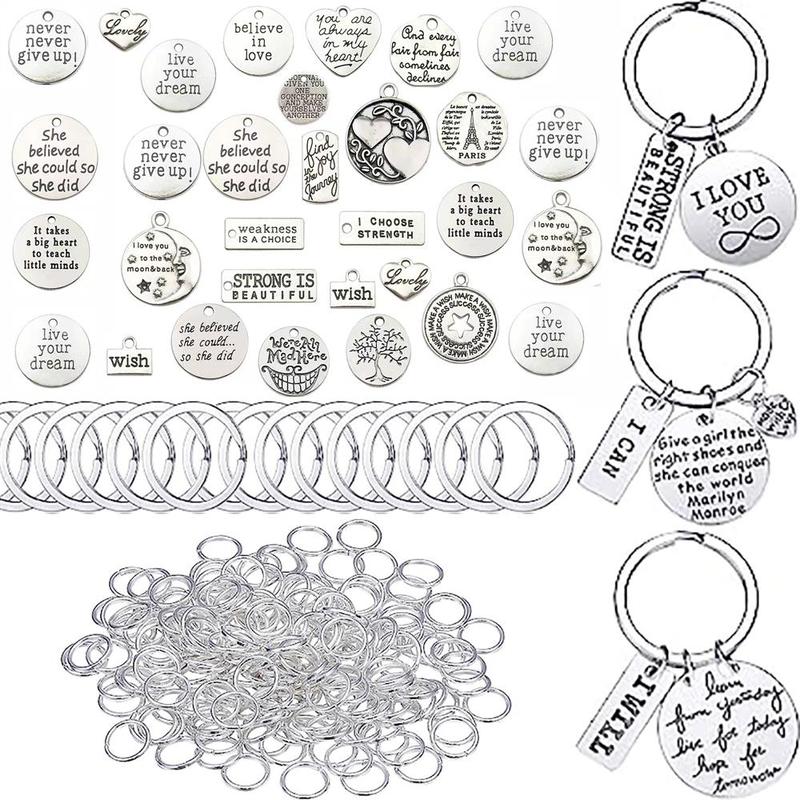 DIY Keyring Accessories, 100pcs set Inspirational Keychain Kit, Including 20pcs Pendant & 20pcs Keyring & 60pcs Jump Circle, Art Crafts Keychain Supplies, Christmas Gift