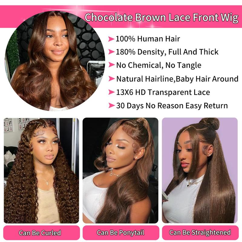 30 Inch Chocolate Brown 13x6 Body Wave Lace Front Wigs Human Hair Body HD Transparent Lace Front Wigs Pre Plucked with Baby Hair 180% Density Brazilian Virgin Hair