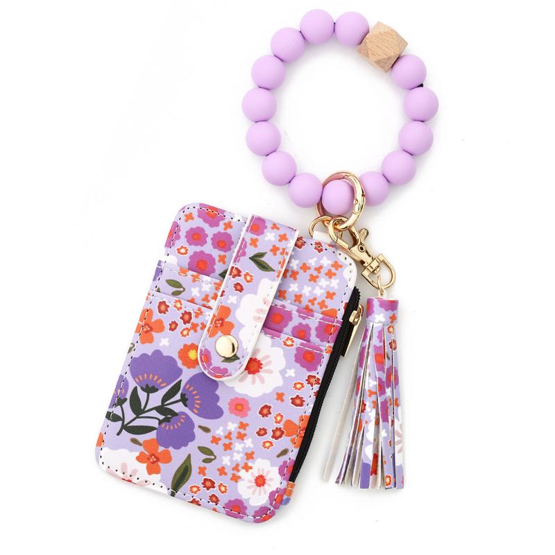 Women's Boho Style Beaded & Tassel Decorated Keychain with Flower Pattern Wallet Boho Wristlet Keychain Wallet Silicone Beaded Tassel Keychain Wallets
