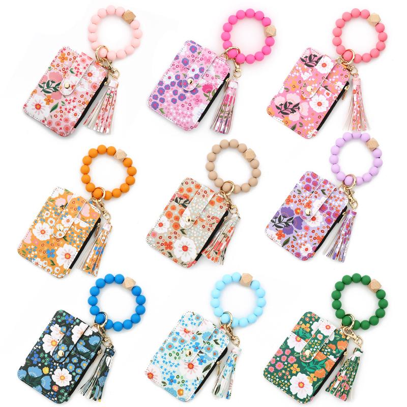 Women's Boho Style Beaded & Tassel Decorated Keychain with Flower Pattern Wallet Boho Wristlet Keychain Wallet Silicone Beaded Tassel Keychain Wallets