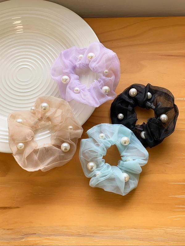 4pcs Fashion Rhinestone Decorated Tulle Scrunchie, Elegant Hair Accessories For Women & Girls, Casual All-match Ponytail Holder