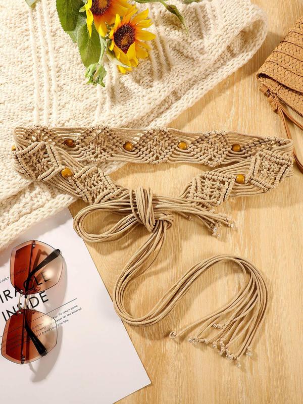 Boho Style Beaded Decor Wax Rope Braid Design Belt, Vintage Style Tie Up Waist Belt for Women, Fashion Belt for Party, Daily Clothing Decor, Trendy All-match & Exquisite Belt for Birthday Gift