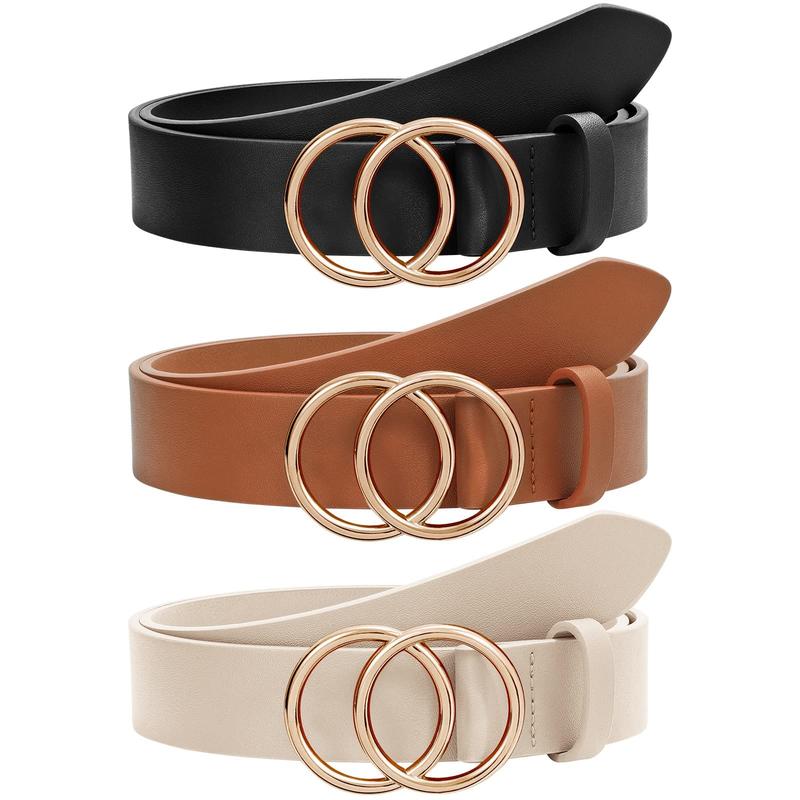 JASGOOD Women Leather Belt Fashion Soft  Faux Leather Waist Belts For Jeans Dress with Double O-Ring Buckle