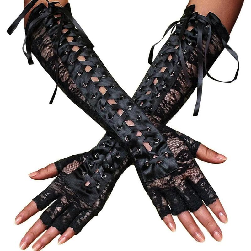Fingerless Lace Up Gloves Black Elbow Glove  Gloves Stretchy Costume Party Opera Costume for Women and Girl