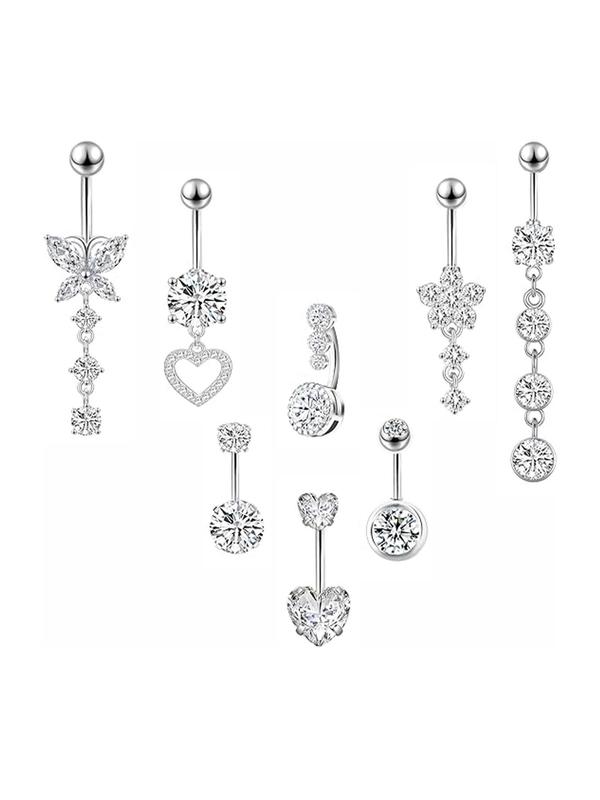 Rhinestone Decor Belly Ring, Butterfly & Heart & Flower Design Navel Piercing Jewelry for Women & Girls, Fashion Jewelry for Party, Daily Clothing Decor for Birthday Gift
