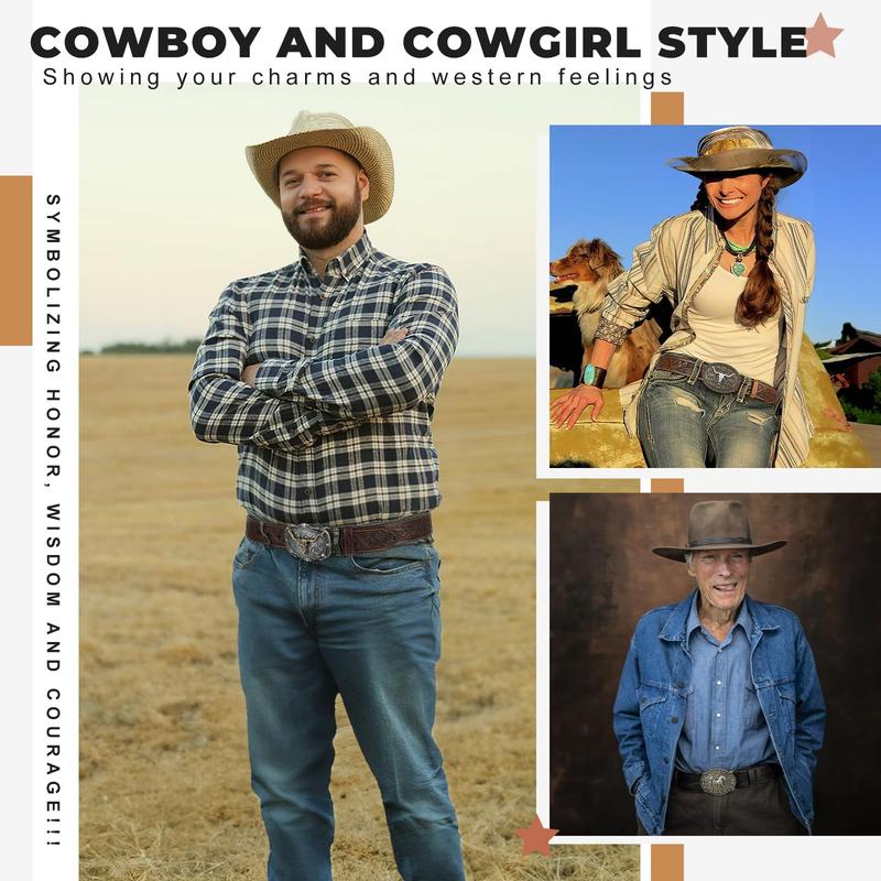 Cowboy Cowgirl Leather Buckle Belt for Men Women Western Leather Belt for Jeans