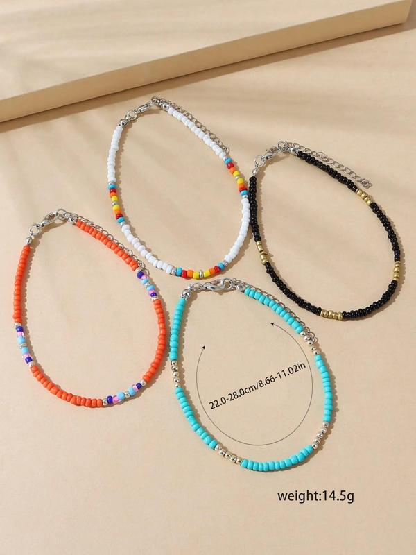 4pcs Boho Style Colorblock Beaded Anklet, Fashionable Foot Jewelry For Women, Daily Clothing Decor For Girl
