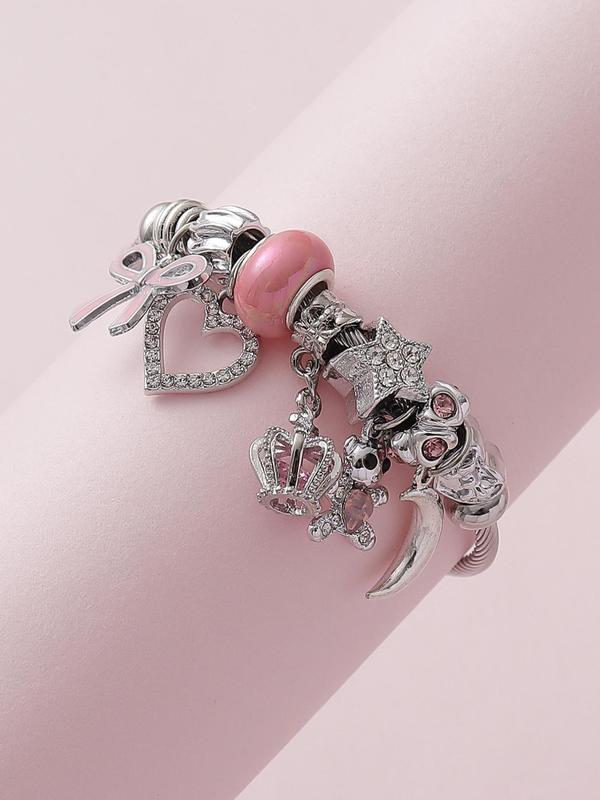 Cute Bear & Bow & Heart & Crown Charm Bracelet, Women's Rhinestone Decor Bracelet, Fashion Jewelry for Party, Daily Clothing Decor, Trendy Exquisite Jewelry for Gift