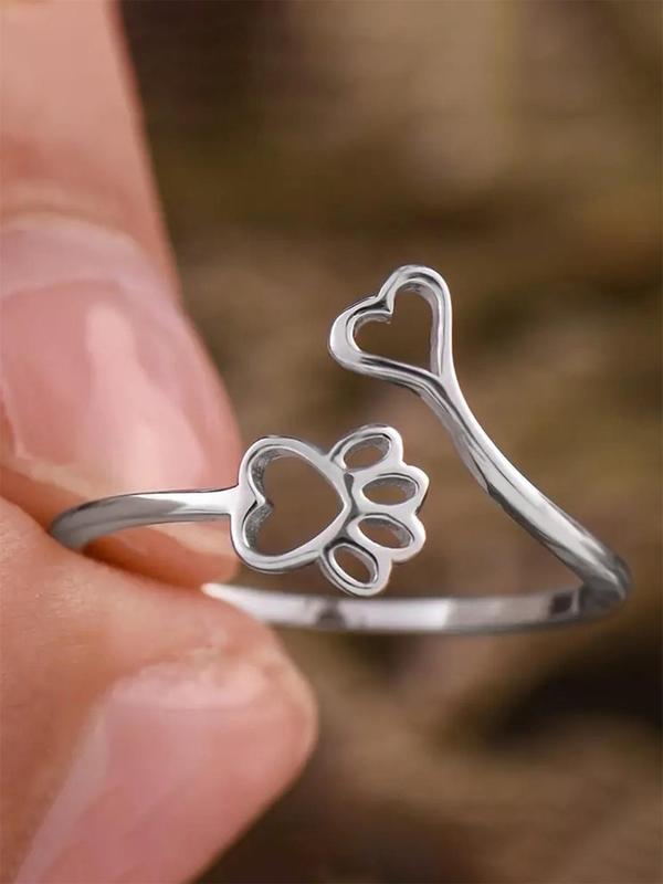 Women's Elegant Heart & Paw Design Cuff Ring, Minimalist Cute Gorgeous Cuff Ring, Trendy Chic Jewelry As Gift for Girlfriend