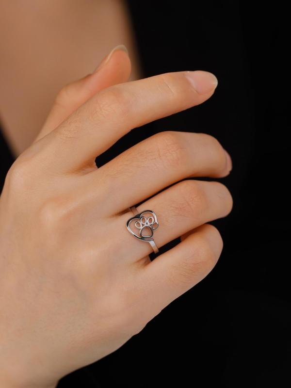 Women's Cute Hollow out Heart & Paw Design Ring, Trendy Minimalist Vintage Ring, Chic Retro Jewelry As Gift for Girlfriend