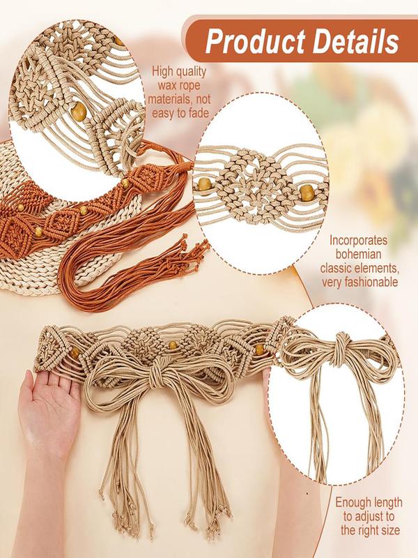 Boho Style Beaded Decor Wax Rope Braid Design Belt, Vintage Style Tie Up Waist Belt for Women, Fashion Belt for Party, Daily Clothing Decor, Trendy All-match & Exquisite Belt for Birthday Gift
