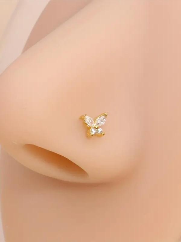 Women's Elegant Rhinestone Decorated Butterfly Design L-shaped Nose Stud, Exquisite Trendy Nose Stud, Fashionable Body Jewelry for Women & Girls