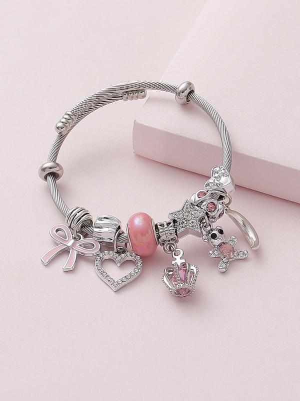 Cute Bear & Bow & Heart & Crown Charm Bracelet, Women's Rhinestone Decor Bracelet, Fashion Jewelry for Party, Daily Clothing Decor, Trendy Exquisite Jewelry for Gift