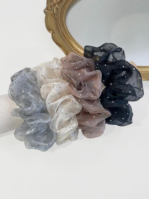 4pcs Fashion Rhinestone Decorated Tulle Scrunchie, Elegant Hair Accessories For Women & Girls, Casual All-match Ponytail Holder