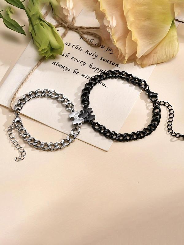 Couple's Puzzle Design Rhinestone Decorated Jewelry Set, Casual Trendy Matching Bracelet & Necklace, Fashion Accessories for Both Men & Women
