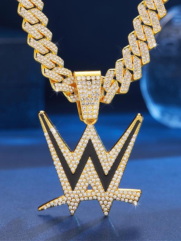 Letter W Design Pendant Necklace,  Punk Style Rhinestone Decor Cuban Link Chain for Men & Women for Party, Daily Clothing Decor, Trendy All-match & Exquisite Jewelry for Birthday Gift