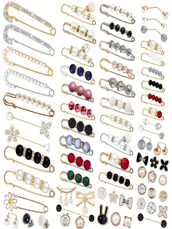 Faux Pearl & Rhinestone Decorated Brooches, 70pcs Elegant Bow & Flower Design Brooch for Women & Girls, Fashion Brooch for Daily Clothing Decor, Trendy All-match & Exquisite Brooch for Birthday Gift