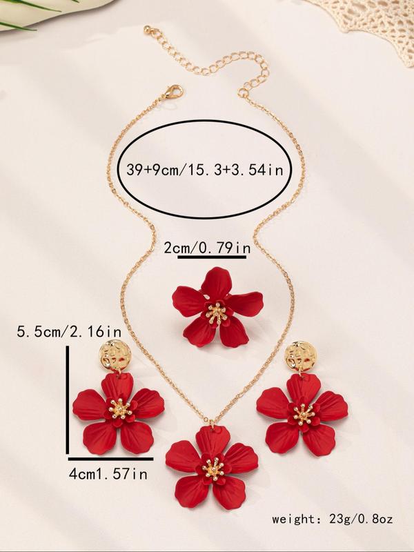 Women's Elegant Flower Design Pendant Necklace & Dangle Earrings & Ring, Exquisite Trendy Jewelry Set, Fashionable Accessories for Women & Girls