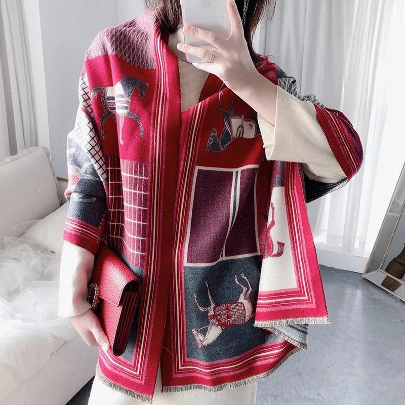 Luxury Winter Cashmere Scarf Women 2024 Design Warm Pashmina Blanket Horse Scarves Female Shawl Wraps Thick Foulard Bufanda