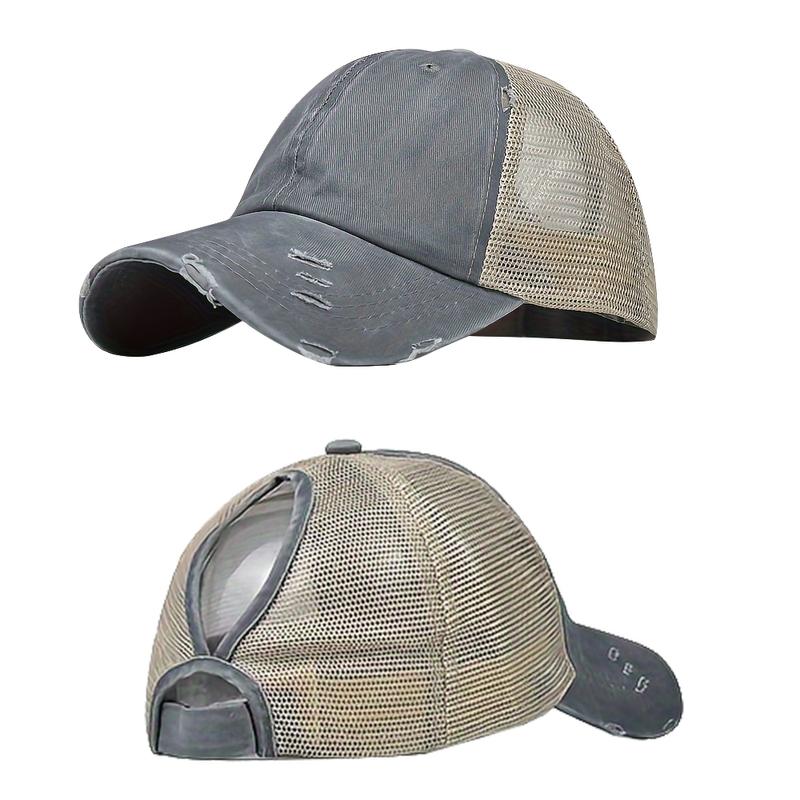 Unisex Casual Trendy Ponytail Baseball Cap, Street Brim Sportive Baseball Cap, Back To School Distressed Braided Hole Sun Protection Hat for Women Summer