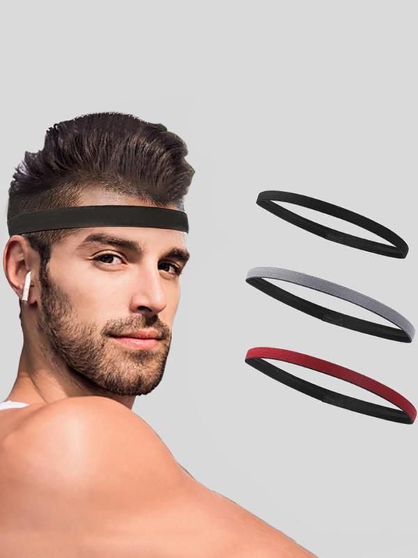3pcs Men's Summer 2024 Simple Plain Silicone Non-slip Elastic Sports Headband, Simple High Stretch Sporty Hair Band for Outdoor