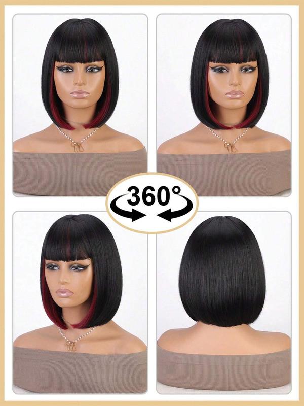 12 Inch Short Straight Black & Red Highlight Bob Wig with Bangs, Fashionable Gorgeous Fluffy Wigs for Women, Synthetic Full Machine Wigs for Party, Daily Use