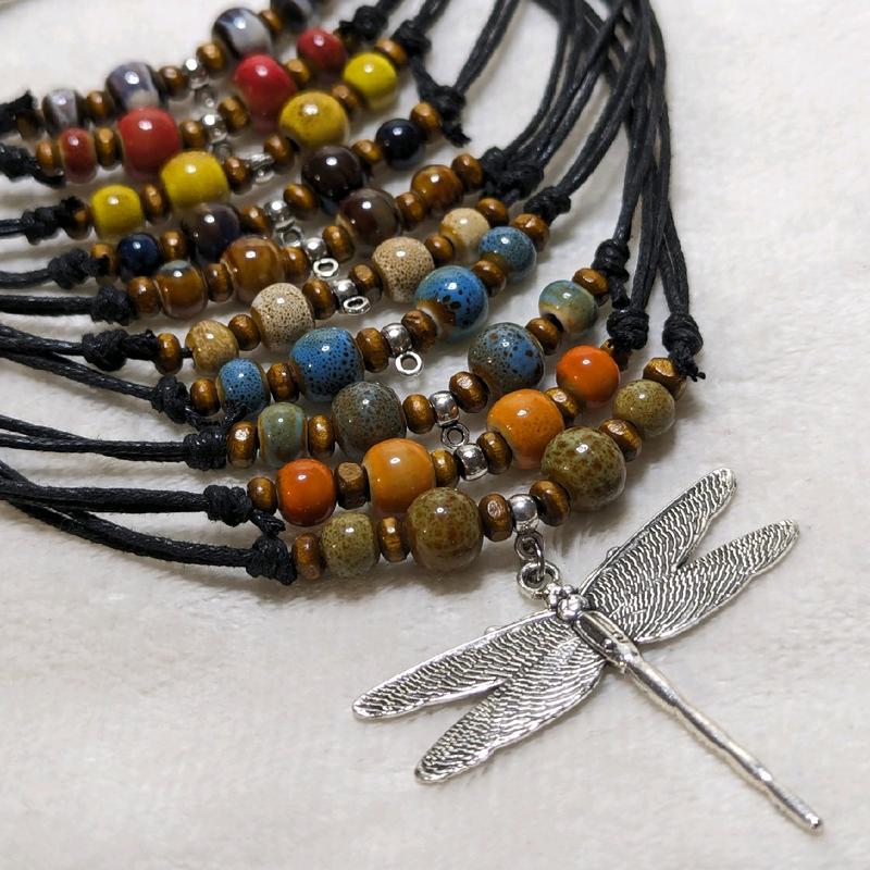 Ceramic Beaded Dragonfly Boho Hippie Whimsical Adjustable Black Rope Cord Choker Stacking Necklace