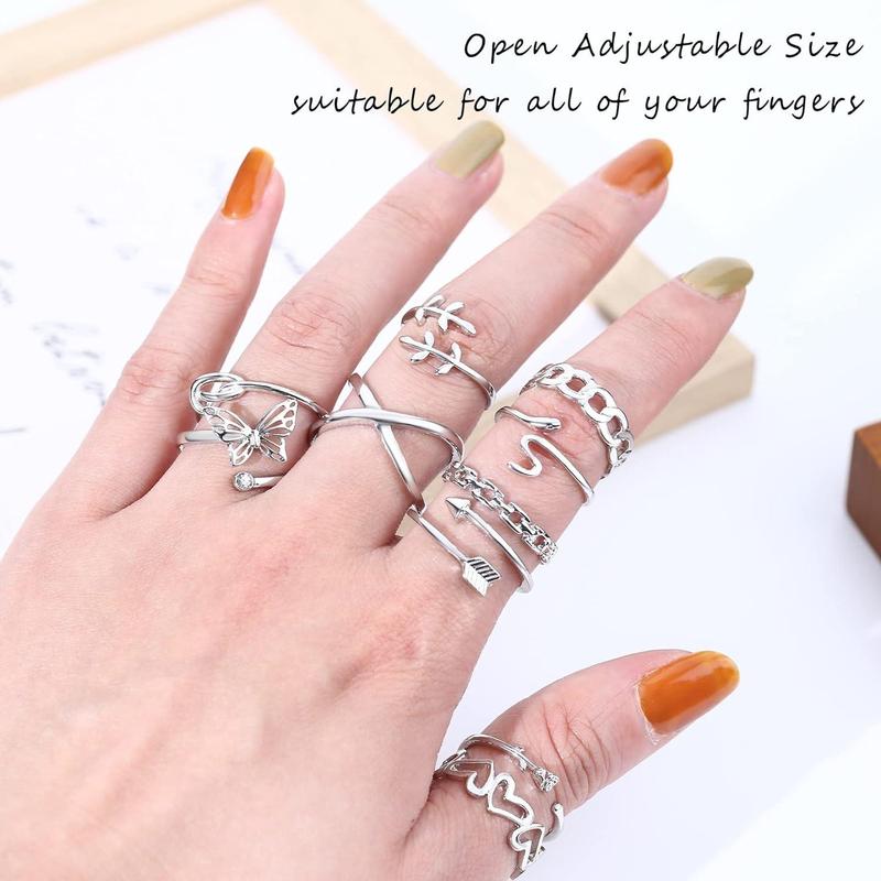 FLORIDECO 20Pcs Open Adjustable Rings Set for Women Stackable Finger Rings Pack Cute Hug Arrow Knot Moon Star Chain Link Rings Minimalist Rings Set Daily
