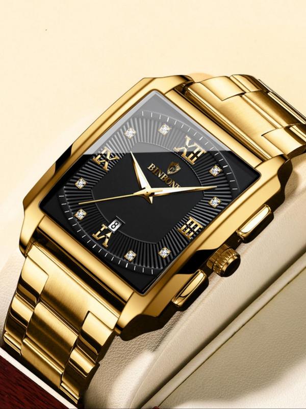 Men's Business Fashion Rhinestone Decorated Analog Quartz Watch, Waterproof Calendrier Watch for Party, Daily  Decor, Trendy Watch for Birthday Gift with Box