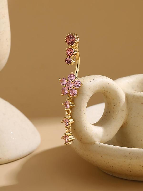 Flower Design Belly Ring, Elegant Rhinestone Decor Belly Piercing Jewelry for Women, Fashion Accessories for Party, Daily Clothing Decor