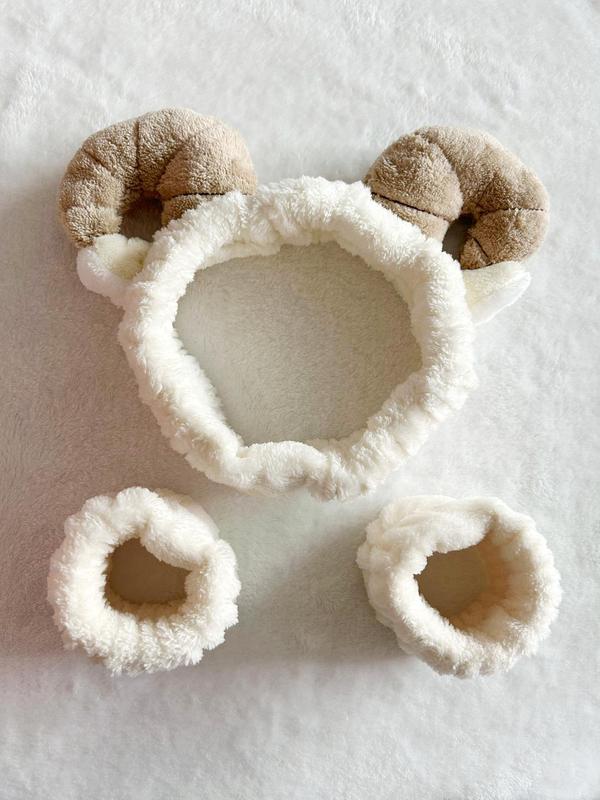 Cute Sheep Horn Design Hair Band & SPA Wristband Set, Soft Plush Hair Band & Wristband, Fashion Hair Accessories for Women & Girls