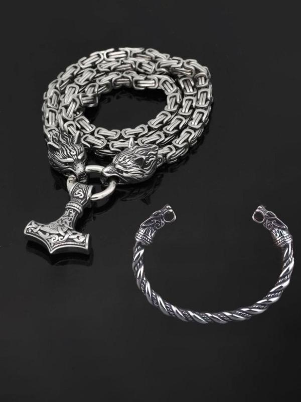 Viking Style Hammer Design Pendant Necklace & Twist Design Bracelet, 2pcs Fashion Jewelry for Party, Daily Clothing Decor, Trendy All-match & Exquisite Jewelry for Birthday Gift