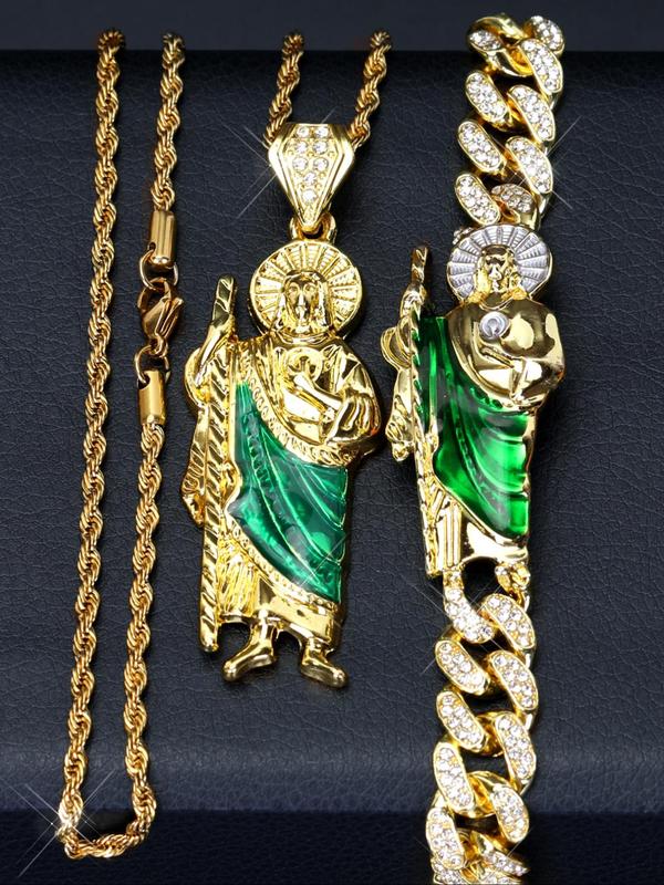Rhinestone Decorated St. Jude Design Jewelry Set, Fashion Necklace & Bracelet for Party, Daily Clothing Decor, Trendy All-match & Exquisite Jewelry for Birthday Gift